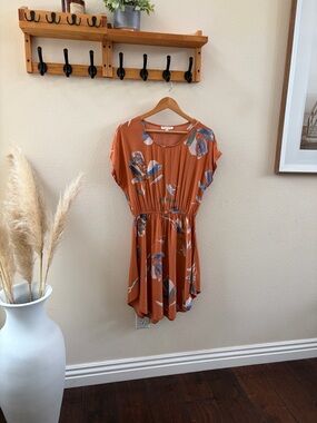 Final Touch Rust Floral Short-Sleeve Elastic-Waist Dress